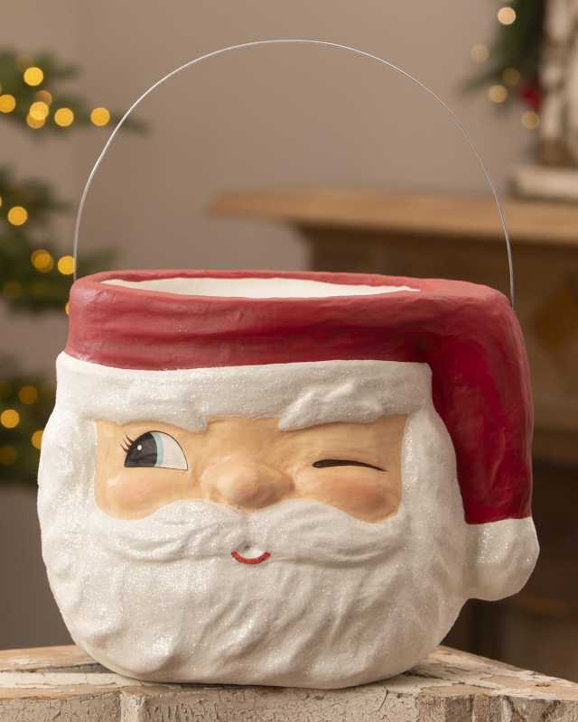 Retro Winking Santa Bucket Christmas Decor